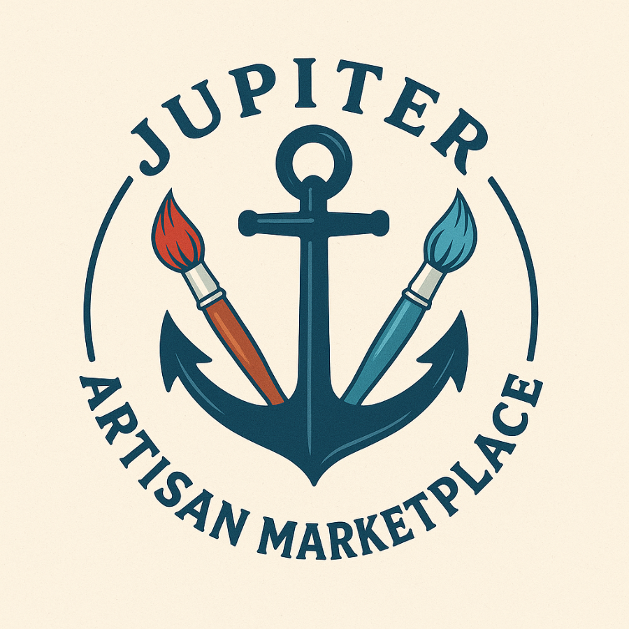 Logo for Jupiter Artisan Marketplace with an anchor and paintbrushes on a beige background
